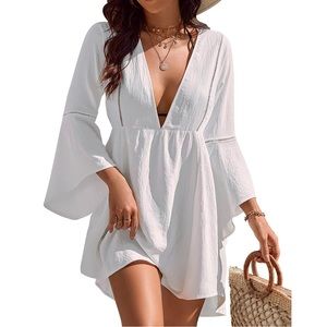 Blooming Jelly White Swimsuit Coverup V-Neck Chiffon Beach Dress